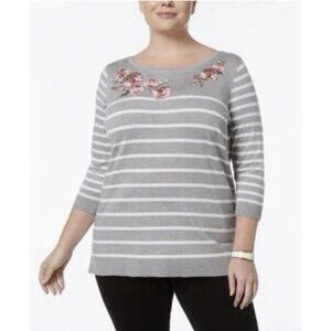 Karen Scott Smokey Gray Heather Pink Embroidered Floral Pullover Sweater Plus 3X